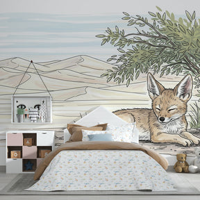 Animal themed desert fox mural wallpaper transforming toddler room into peaceful desert oasis