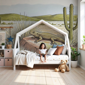 Desert lizard mural wallpaper creating adventurous nature theme in modern kids bedroom by Kids-Mundo