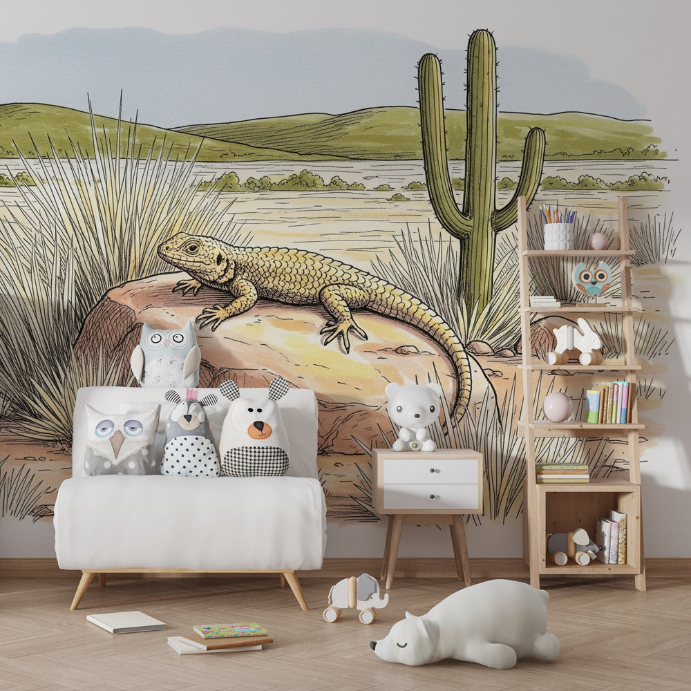 Animal-themed desert wallpaper with lizard and cacti for peaceful nursery decor by Kids-Mundo