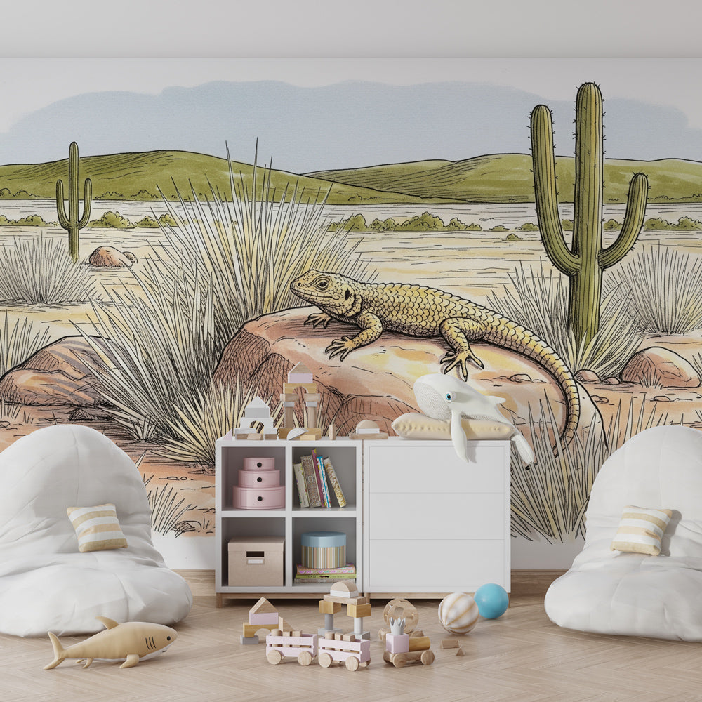 Educational desert scene mural wallpaper featuring wildlife and cacti for children's playroom