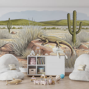 Educational desert scene mural wallpaper featuring wildlife and cacti for children's playroom