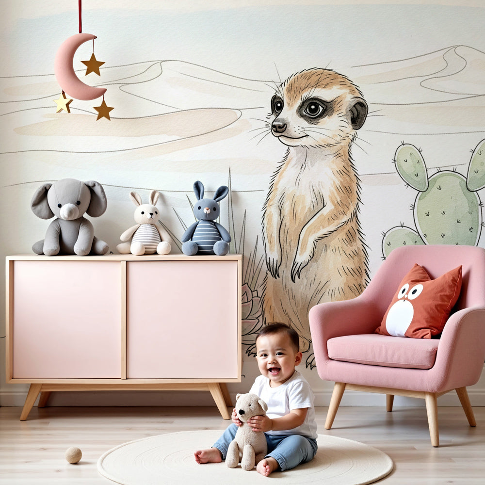 Desert meerkat mural wallpaper creating safari themed nursery decor with cacti and succulents by Kids-Mundo