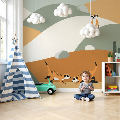 Kids-Mundo desert meerkat wall mural styled behind a cot in a warm terracotta nursery