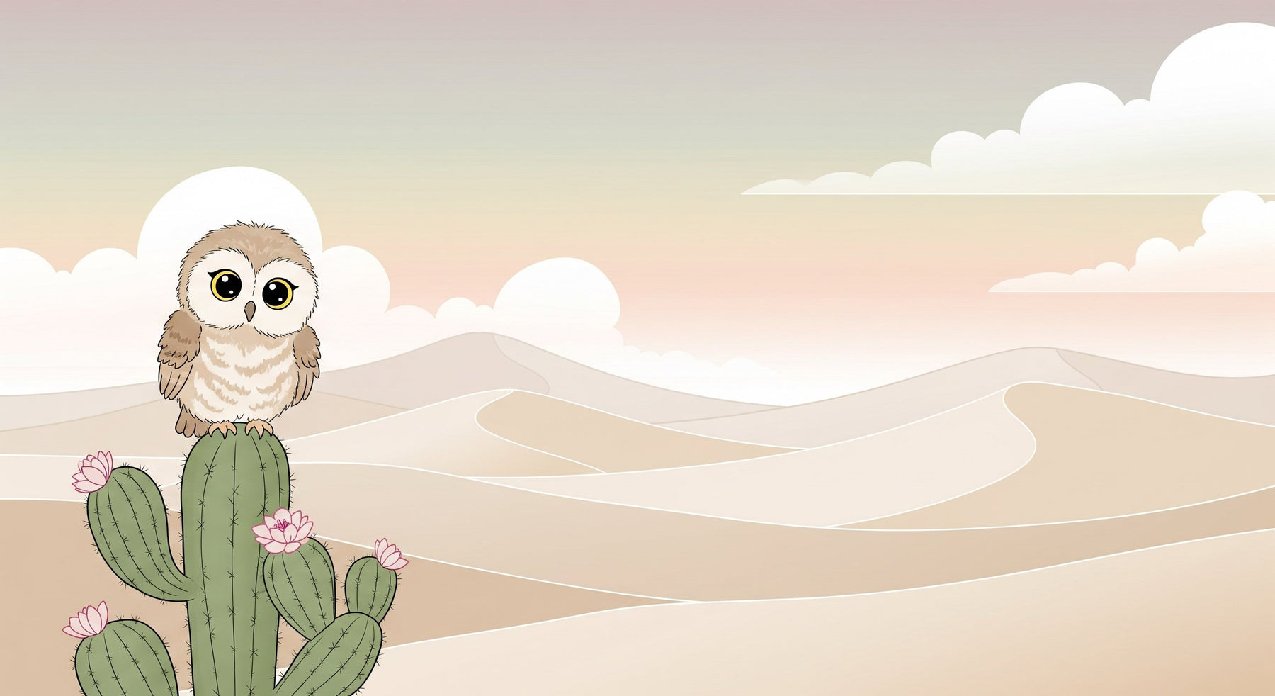 Detailed desert owl and cactus mural wallpaper design pattern with soft pastel colors by Kids-Mundo