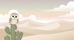 Detailed desert owl and cactus mural wallpaper design pattern with soft pastel colors by Kids-Mundo