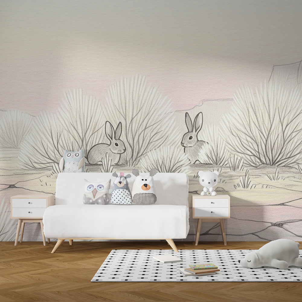 Soft pastel rabbit wallpaper transforming children's playroom into calming space