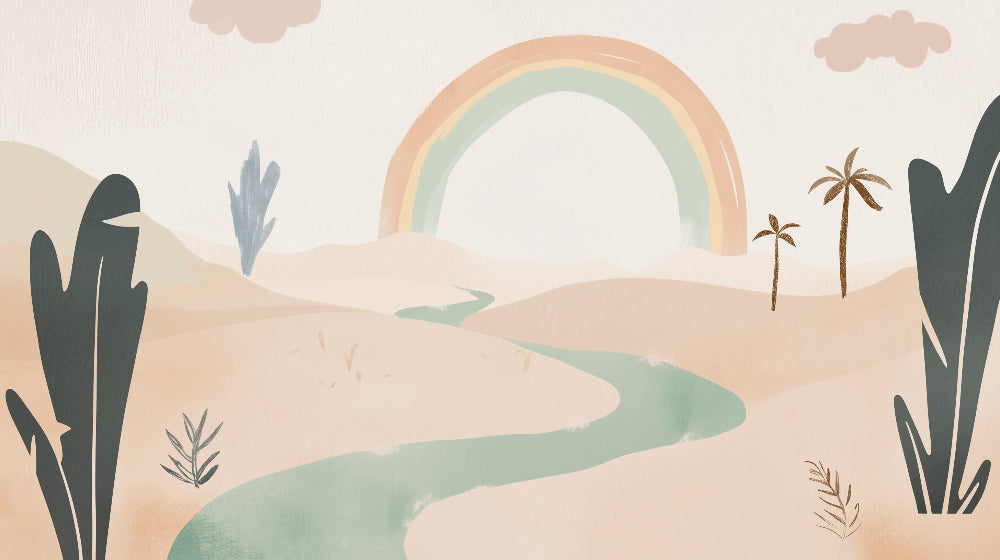 Detailed desert rainbow mural wallpaper design pattern showing pastel landscape by Kids-Mundo
