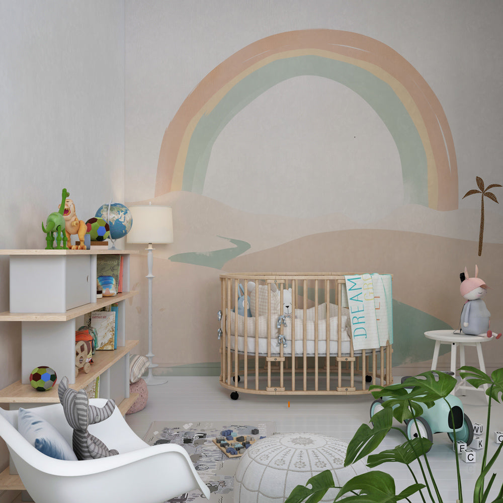 Pastel desert landscape mural wallpaper in modern children's bedroom setting by Kids-Mundo