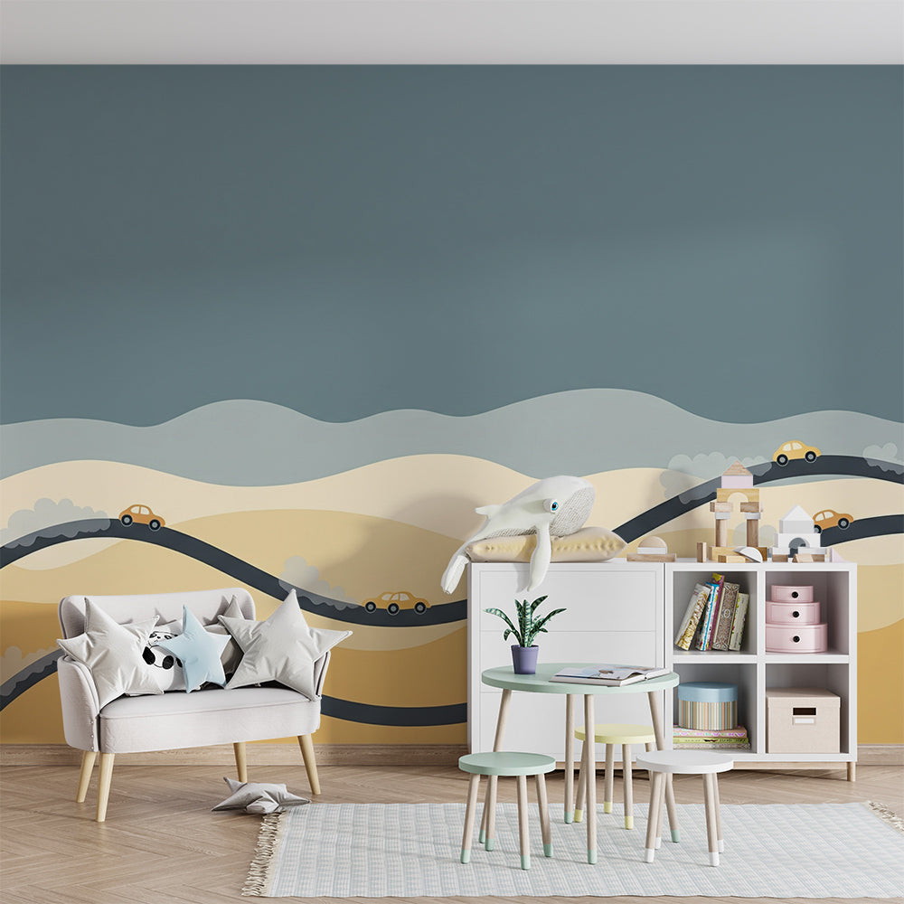 Kids-Mundo winding desert road mural with toy cars, printed made to measure for a child's bedroom wall.