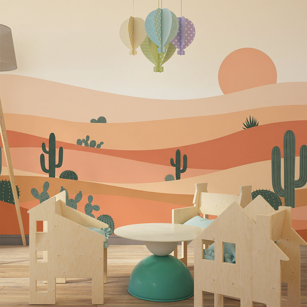 Kids-Mundo desert cactus wall mural covering a feature wall in a warm-toned kids' bedroom