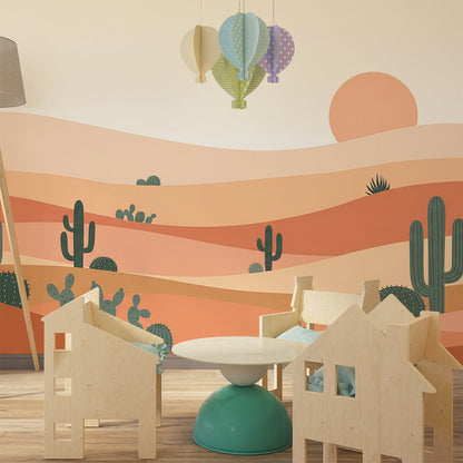 Kids-Mundo desert cactus wall mural covering a feature wall in a warm-toned kids' bedroom