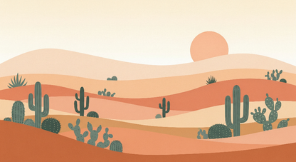 Kids-Mundo flat artwork preview of the terracotta desert sunset wall mural with cacti