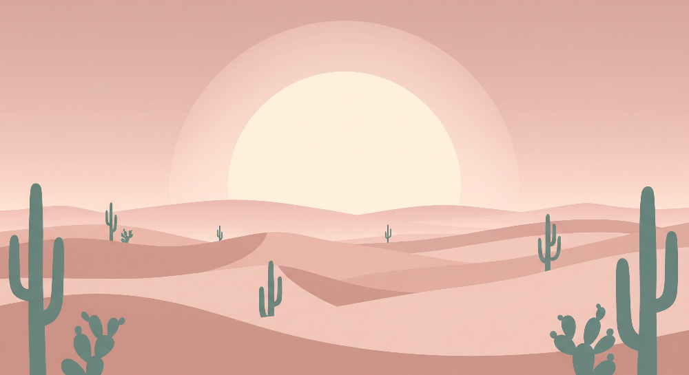 Kids-Mundo flat artwork of a pastel terracotta desert scene with a glowing sun and teal cacti