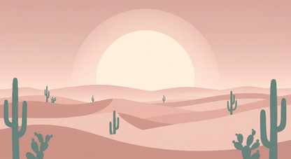 Kids-Mundo flat artwork of a pastel terracotta desert scene with a glowing sun and teal cacti
