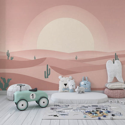 Kids-Mundo desert sunset mural with tall cacti covering a playroom wall from floor to ceiling