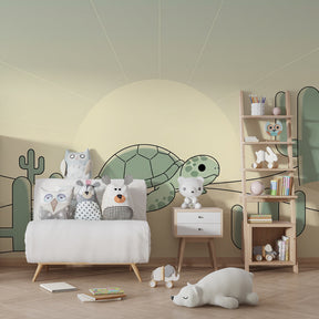 Desert adventure mural wallpaper transforming children's playroom into nature exploration space