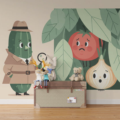 Kids-Mundo cucumber detective wall mural on a feature wall in a playful kids bedroom.