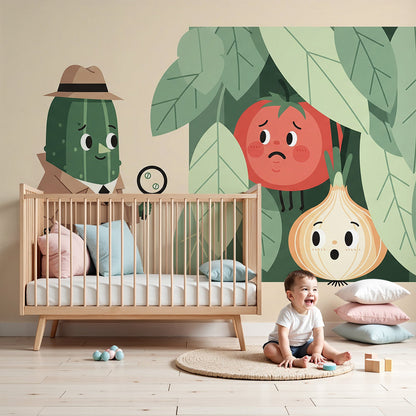 Kids-Mundo cucumber detective wall mural styled behind a cot in a soft, neutral nursery.