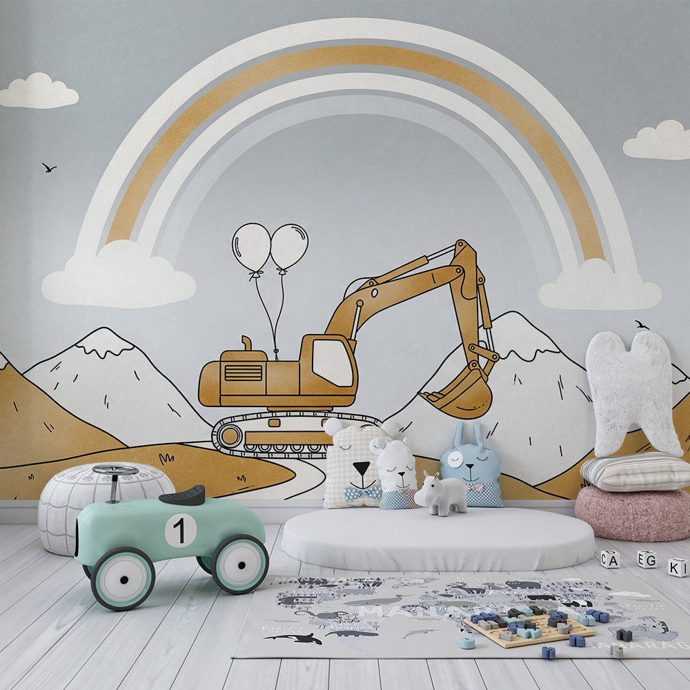 Kids-Mundo digger and balloons wall mural covering a kids bedroom wall beside a play table.