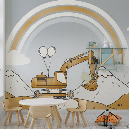 Kids-Mundo rainbow mountain wall mural in a playroom with toy diggers on a soft rug.