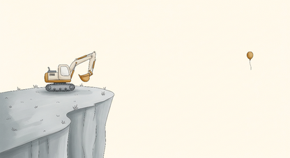 Kids-Mundo flat artwork of a digger standing on a cliff edge watching a balloon drift away.