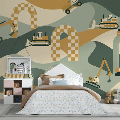 Kids-Mundo digger wall mural with checkered arches covering a feature wall in a kids' bedroom