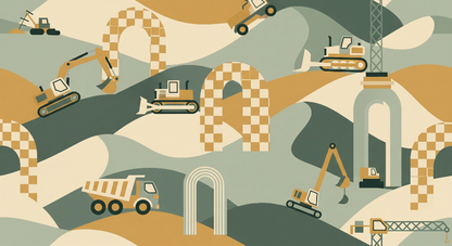 Kids-Mundo flat artwork of diggers, bulldozers and checkered arches on green and gold hills