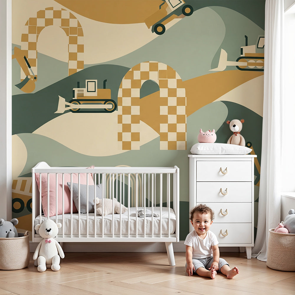 Kids-Mundo digger and geometric arches wall mural styled behind a cot in a modern nursery
