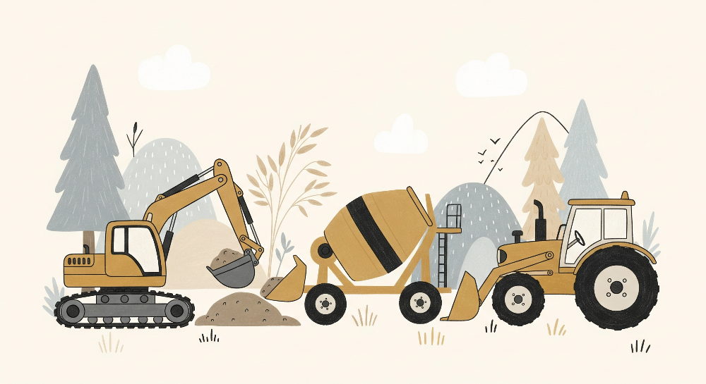 Kids-Mundo flat artwork of a digger, cement mixer and tractor among pine trees and hills.