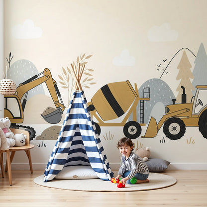 Kids-Mundo digger, mixer and tractor wall mural in a nursery with a wooden cot and green rug.
