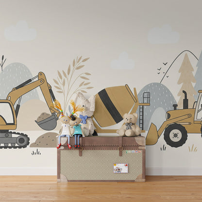 Kids-Mundo digger and tractor wall mural in a playroom with wooden toy vehicles on the floor.