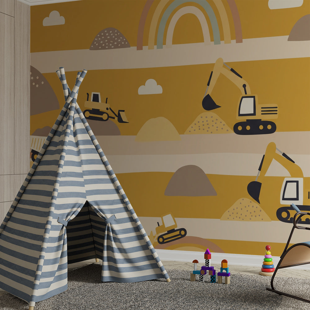 Kids-Mundo dump truck and digger wall mural brightening a playroom wall with rainbows and clouds