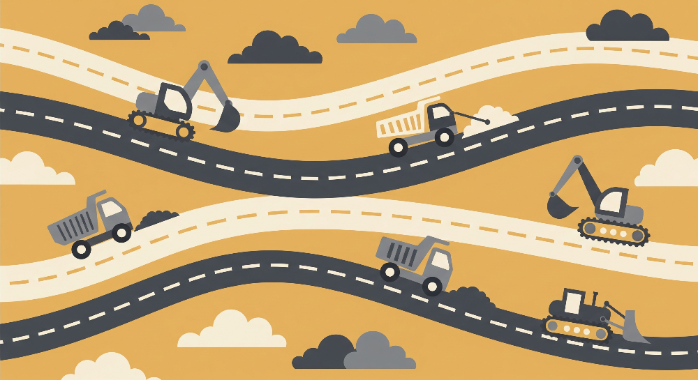 Kids-Mundo flat artwork of mustard winding roads with dump trucks and diggers, full mural design.