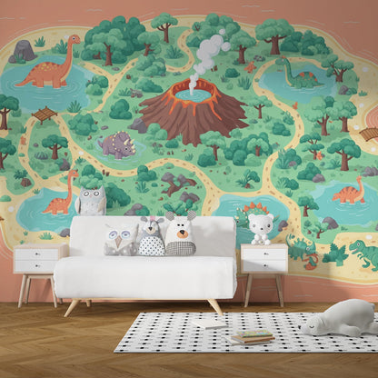 Kids-Mundo dinosaur island map wall mural covering a feature wall in a child's bedroom