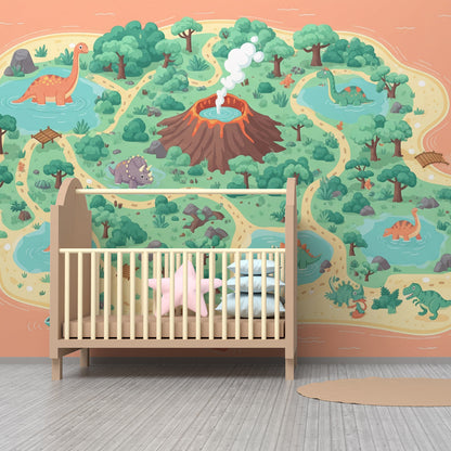 Kids-Mundo dinosaur adventure map mural with bridges and boats decorating a playroom wall