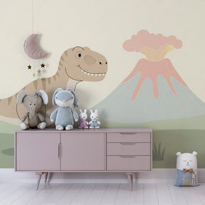 Prehistoric themed children's bedroom featuring dinosaur mural wallpaper with tropical volcano scene