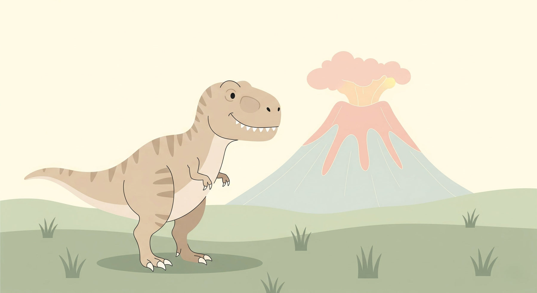 Detailed dinosaur adventure mural wallpaper design pattern showing friendly dino and volcano by Kids-Mundo