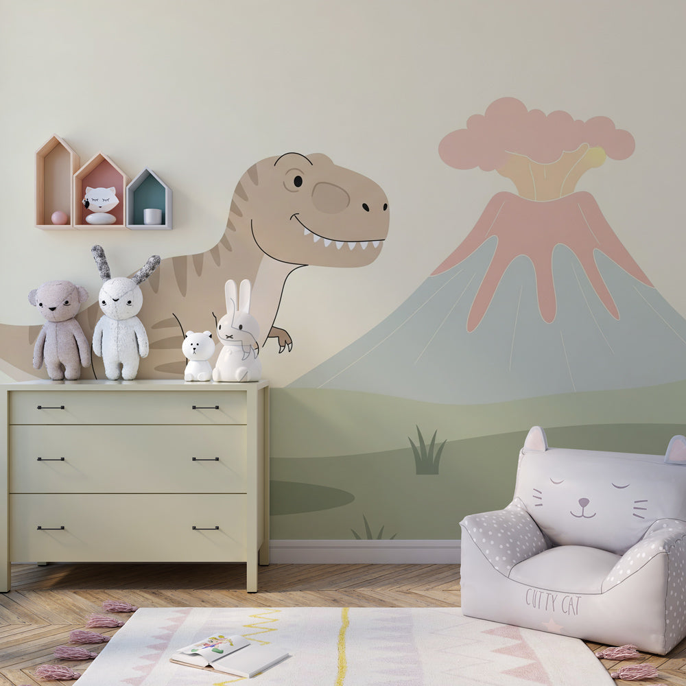 Kids playroom decorated with dinosaur adventure mural wallpaper creating imaginative play space