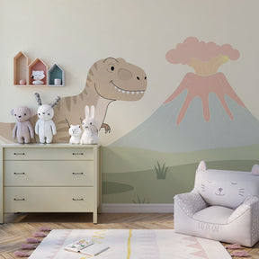 Kids playroom decorated with dinosaur adventure mural wallpaper creating imaginative play space