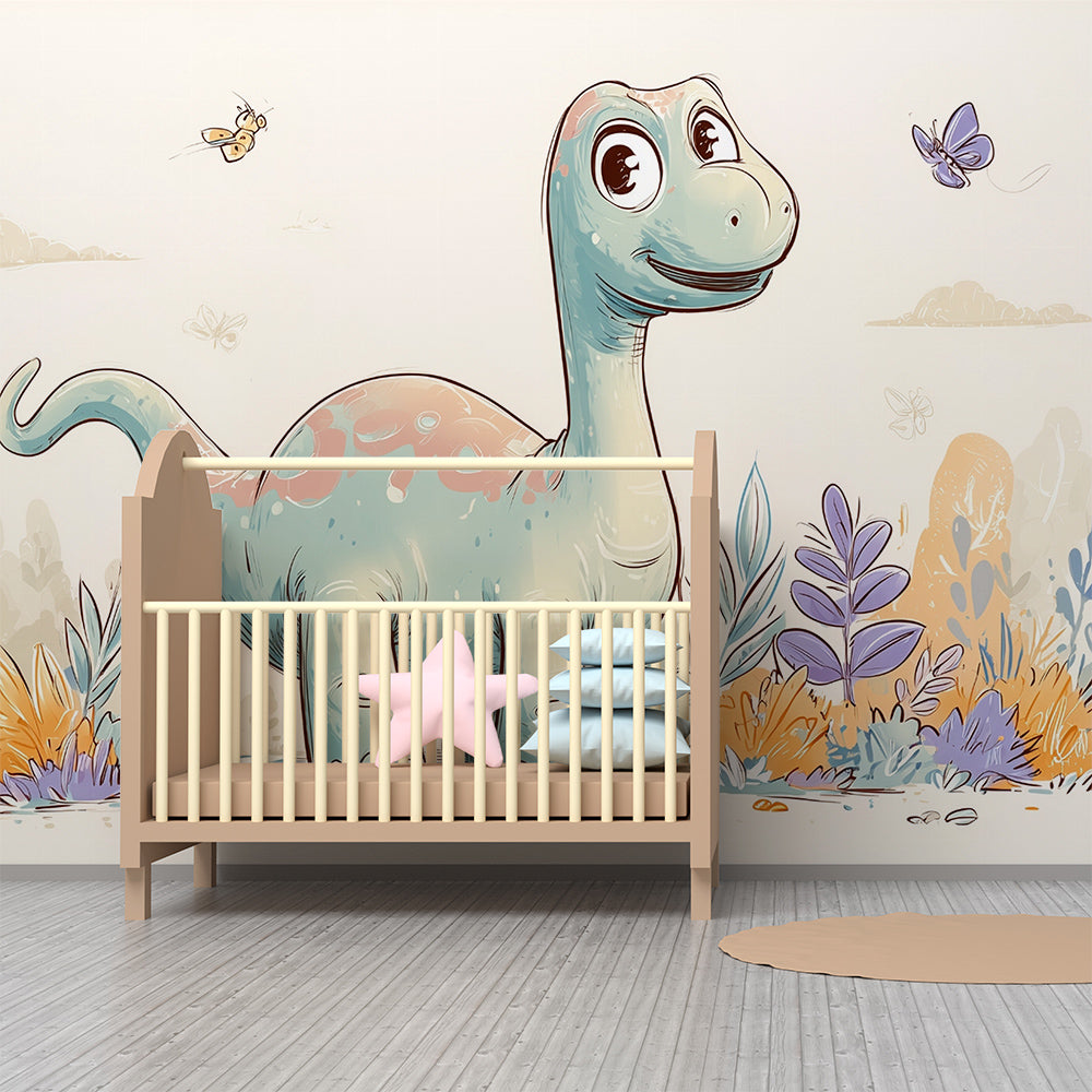 Kids-Mundo dinosaur and butterfly wall mural covering a kids' bedroom wall above a single bed.