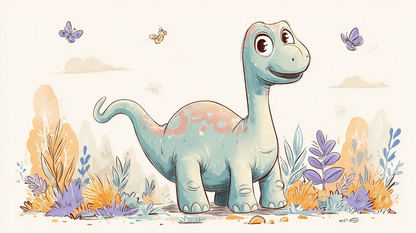 Kids-Mundo flat artwork preview of the friendly dinosaur and butterfly meadow design for this mural.