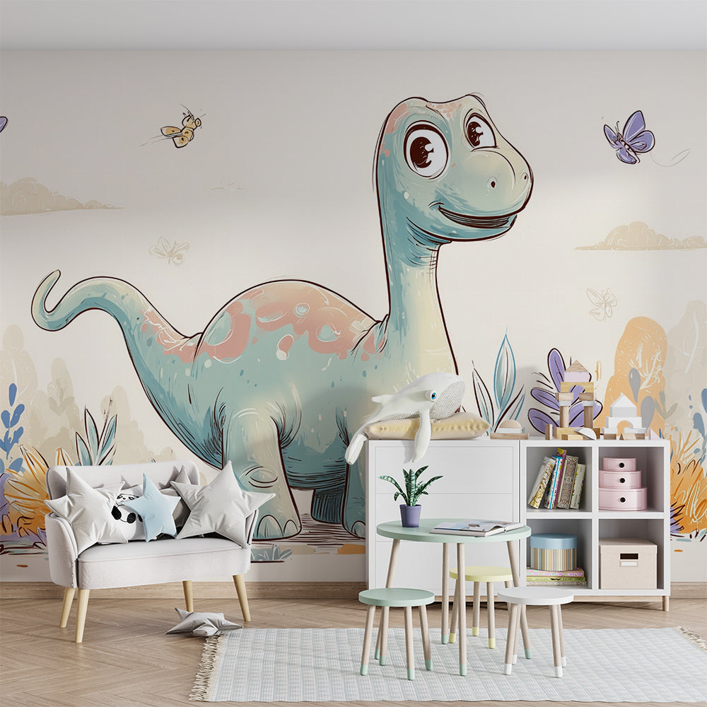 Kids-Mundo dinosaur and butterfly wall mural bringing a gentle meadow feel to a playroom corner.