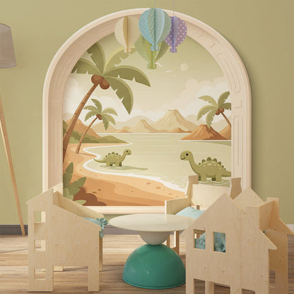 Kids-Mundo dinosaur beach window mural featured on a kids bedroom wall