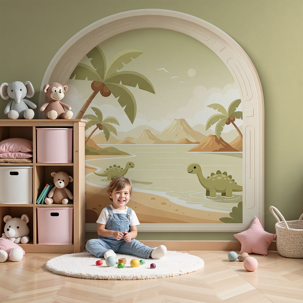 Kids-Mundo dinosaur beach wall mural styled in a calm, sunny nursery room