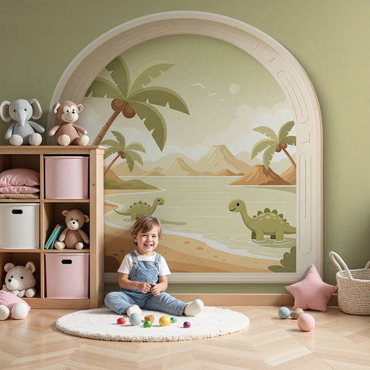 Kids-Mundo dinosaur beach wall mural styled in a calm, sunny nursery room