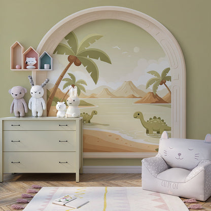 Kids-Mundo dinosaur beach wall mural bringing a sunny coastal scene into a playroom