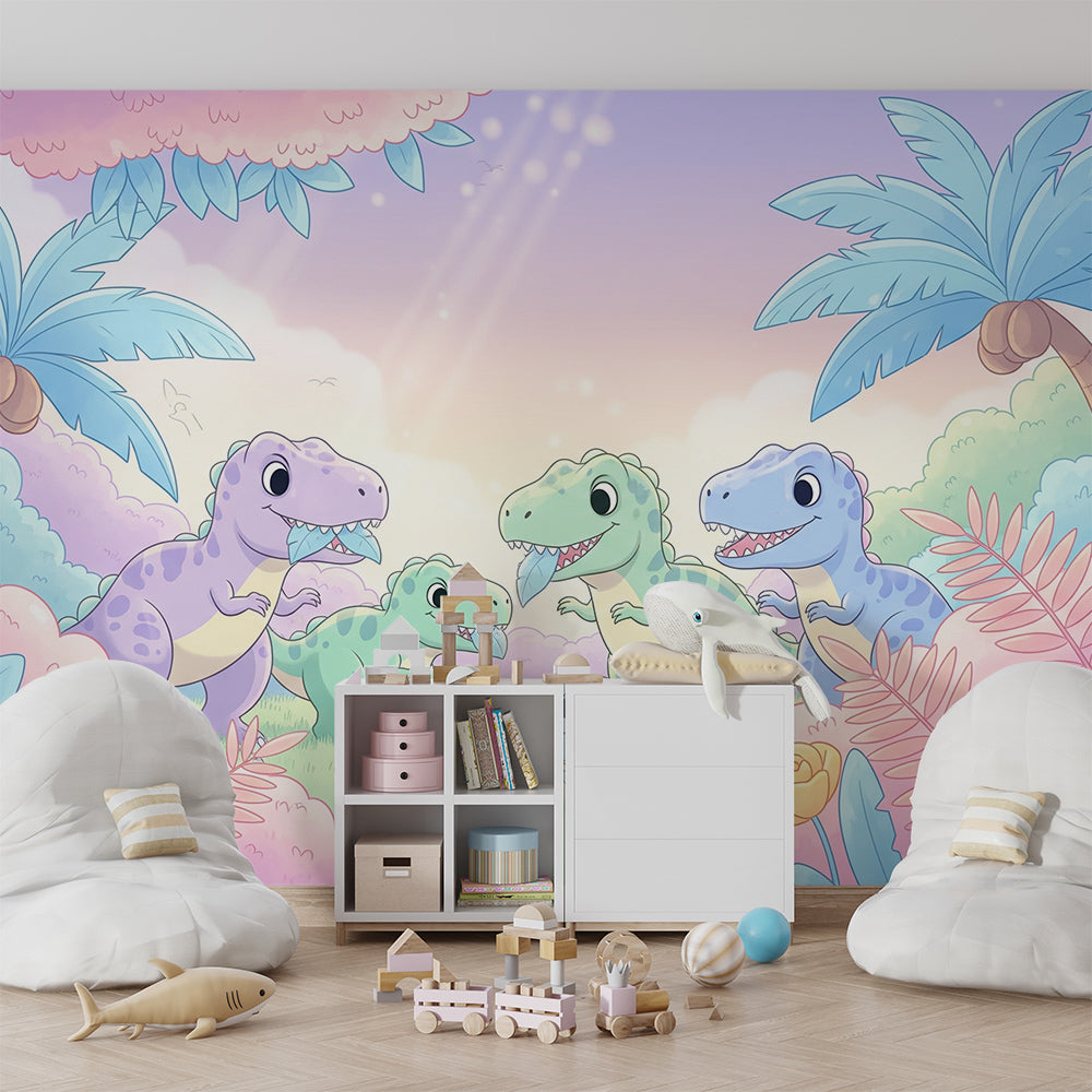 Kids-Mundo dinosaur jungle wall mural covering a feature wall in a child's bedroom