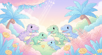 Kids-Mundo flat artwork of a happy dinosaur family in a candy-coloured pastel jungle