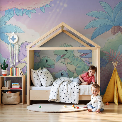 Kids-Mundo colourful dinosaur family wall mural styled in a bright pastel nursery