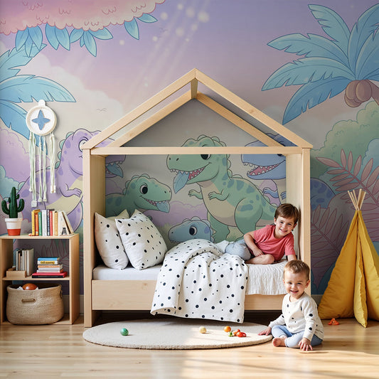 Kids-Mundo colourful dinosaur family wall mural styled in a bright pastel nursery